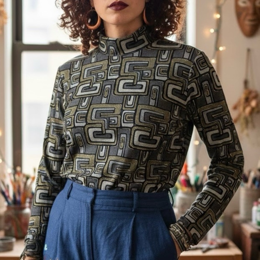 Geometric Patterned Women's Top - Black and Gray